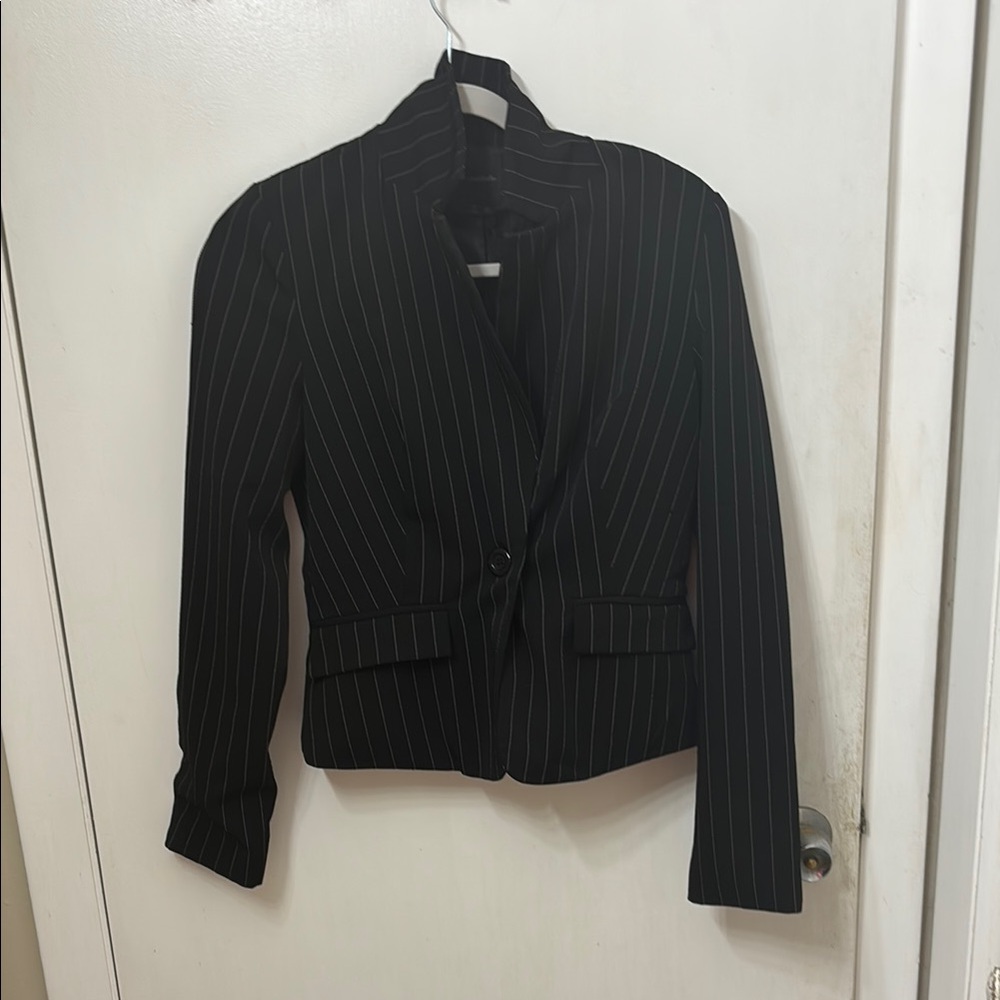 Black Tailored Blazer with Pinstripes and Classic Lapel